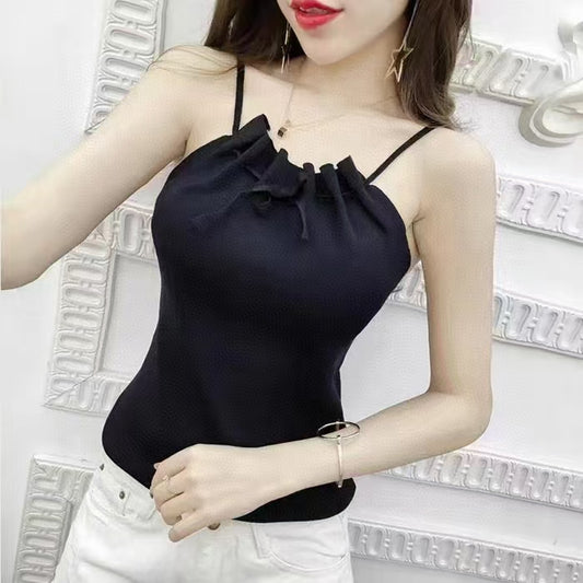 Women's Summer Clothes Korean Edition Slip-On-Shoulder Pure Color Chained Vest