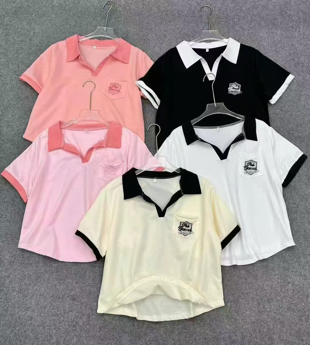 Ladies Summer Color Patchwork Lapel Embroidered Polo Shirt